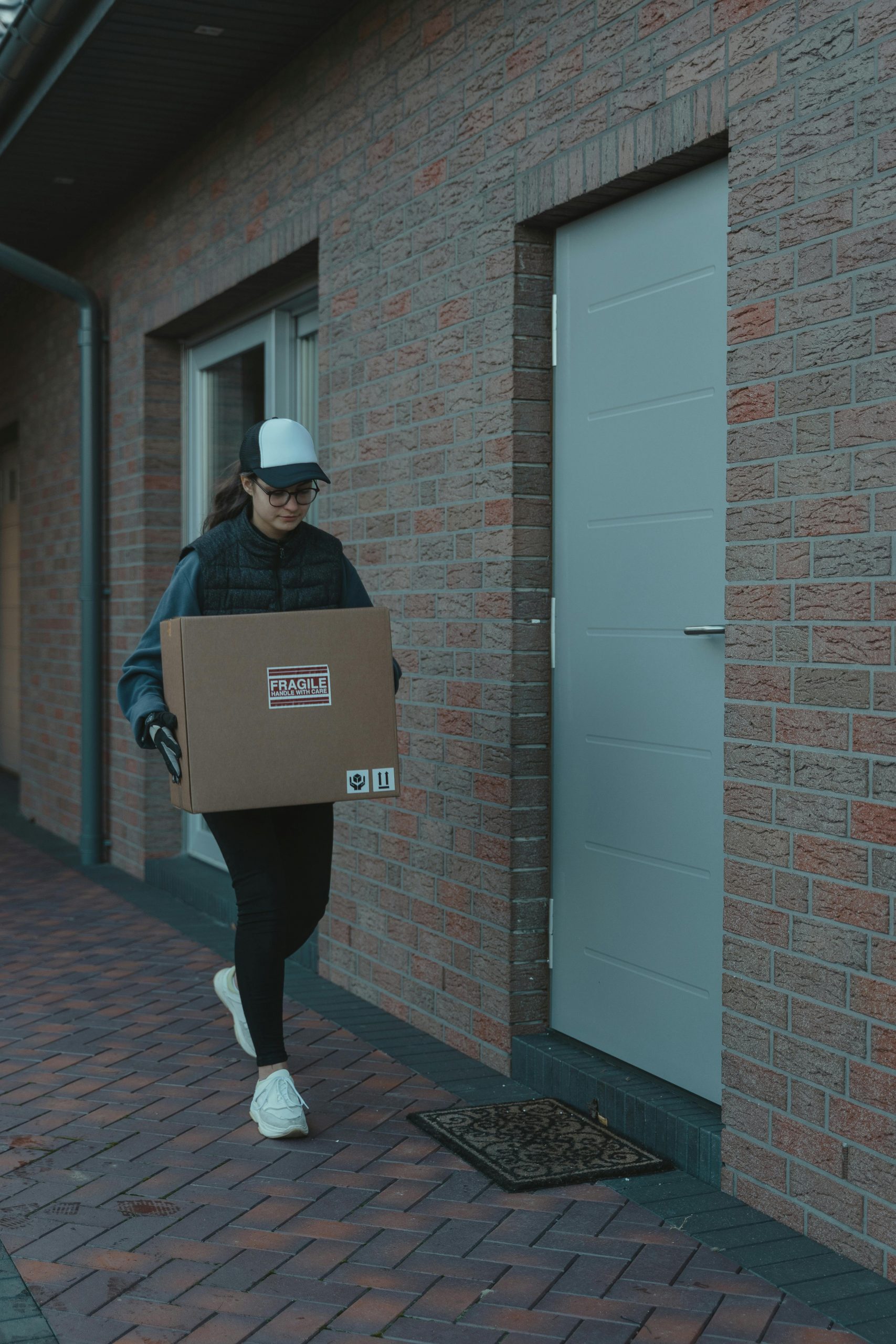 Courier wearing a cap and gloves delivering a cardboard box to a residential doorstep.